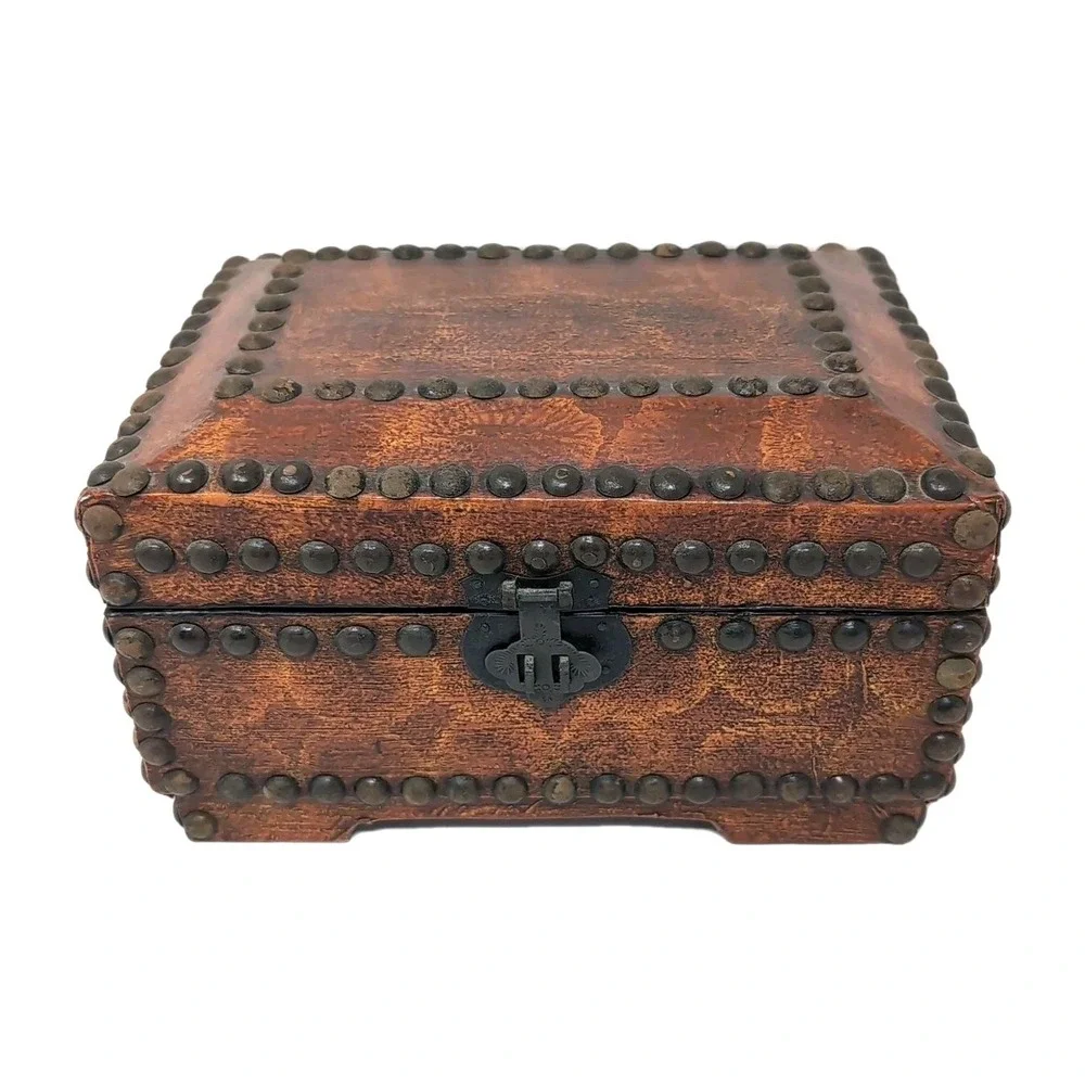 Vtg Wood Jewelry Box Studded Hinged Lid Trunk Treasure Chest Ring Slots READ